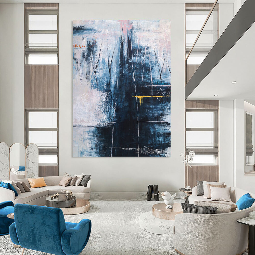 “Blue - Dominant Abstract with Textured Layers and Yellow Accent” - Moody Abstract Painting On Canvas DKH1111