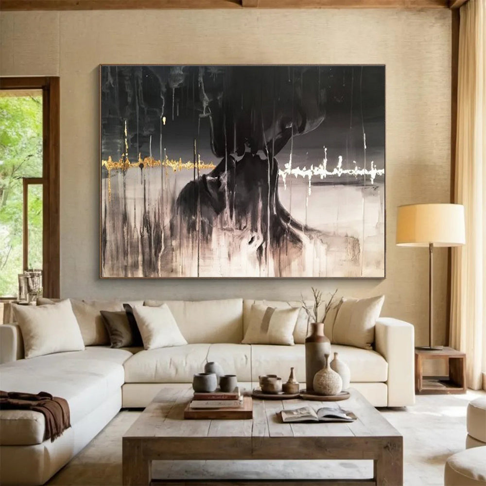 Dark Abstract Figure - Black, White & Gold Figurative Painting On Canvas DKH900
