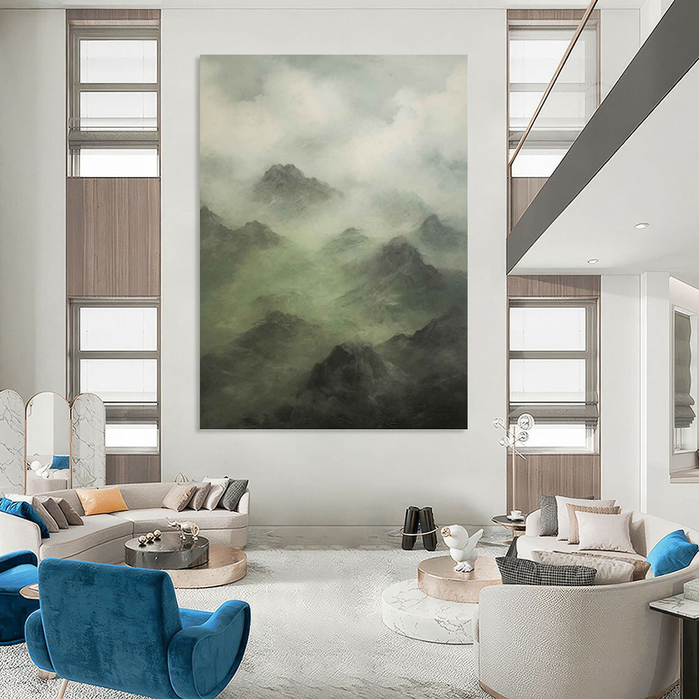 Misty Mountain Landscape in Green and Gray - Landscape Painting On Canvas DKH1480