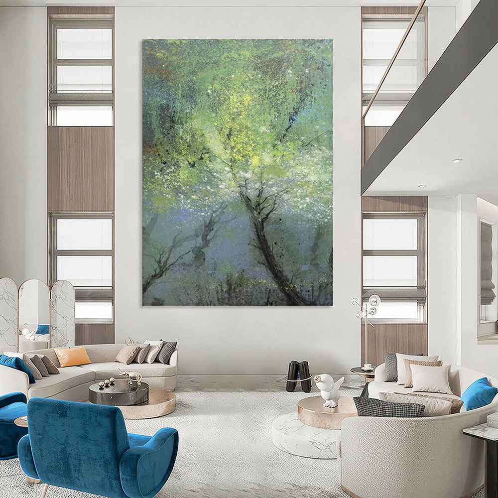 “Misty Green Forest” - Green, Blue, Gray Abstract Landscape Painting On Canvas DTP247