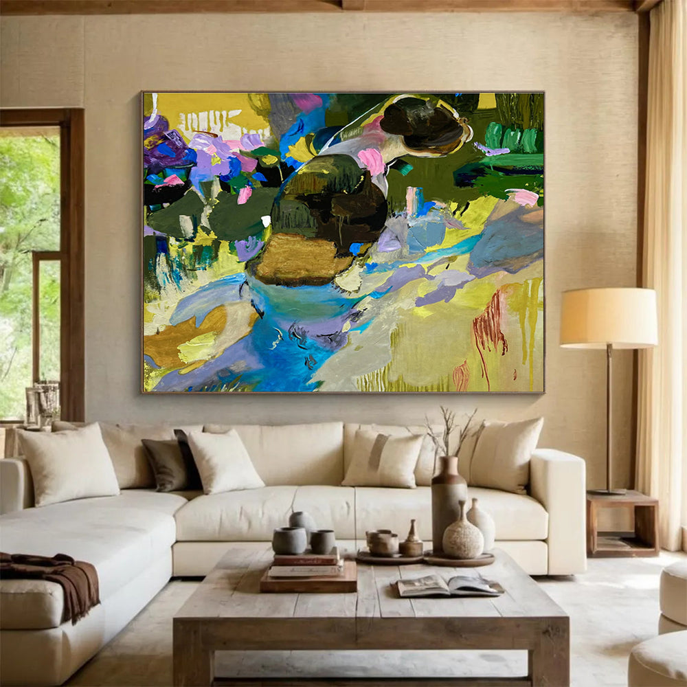 “Color - Drenched Feline in a Garden Dream” - Purple, Blue & Yellow Figurative Abstract Painting On Canvas DKH923