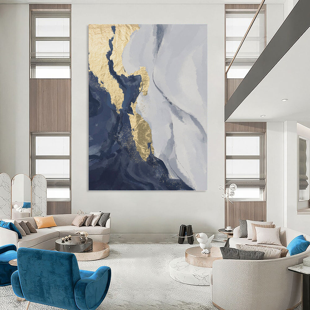 “Gilded Currents” - Blue, Gold & Gray Abstract Waves Painting On Canvas DKH1514