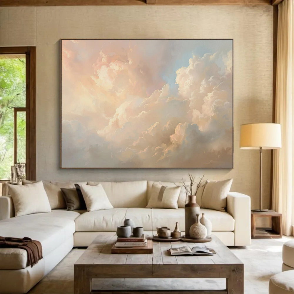 Heavenly Clouds Pink Beige Cloud Filled Sky Painting On Canvas DKH209