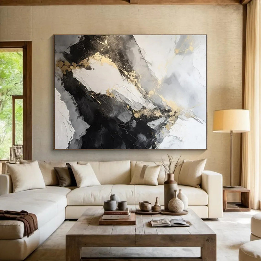 “Dramatic Gray - Black - Gold Peaks” ,Abstract Landscape - Inspired Art CT0871