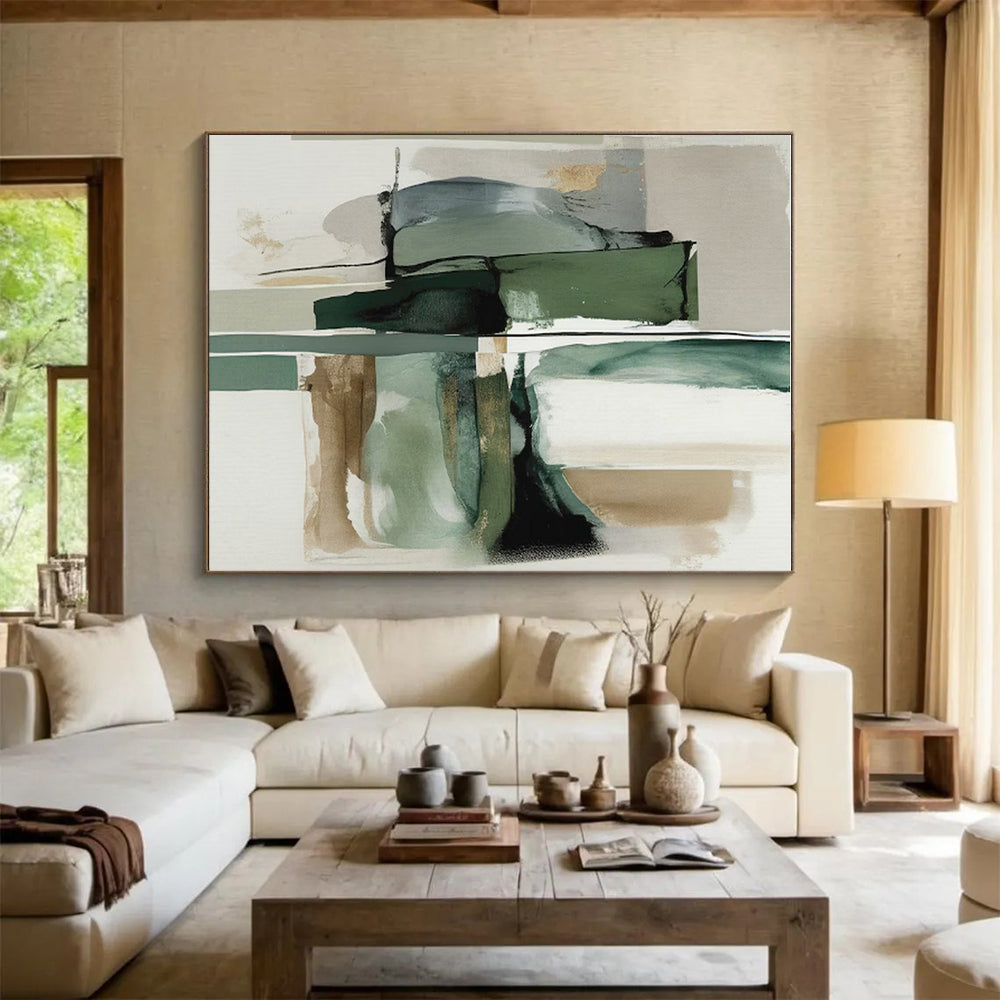 Muted Green, Blue & Brown Shapes, “Nature’s Rhythm” - Abstract Geometric Acrylic Painting CT0763