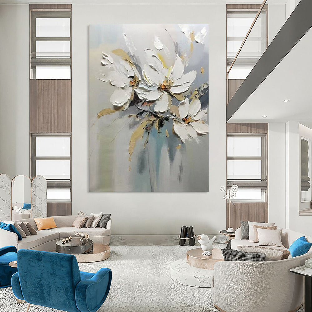 “White Floral Bouquet” - White, Beige & Gray Flower Painting On Canvas CT2201