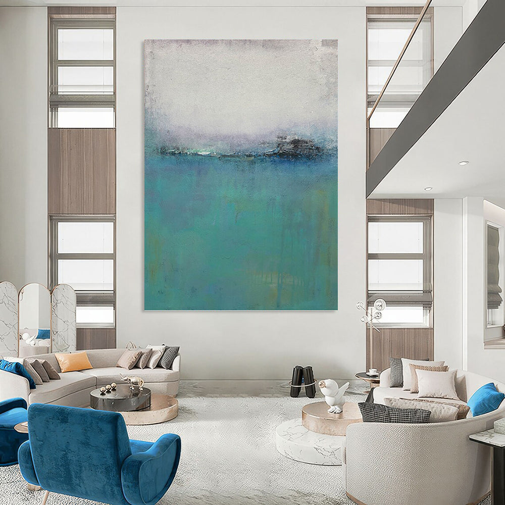 “Misty Blue Horizons” - Blue, Teal & Gray Abstract Landscape Painting On Canvas DKH1197