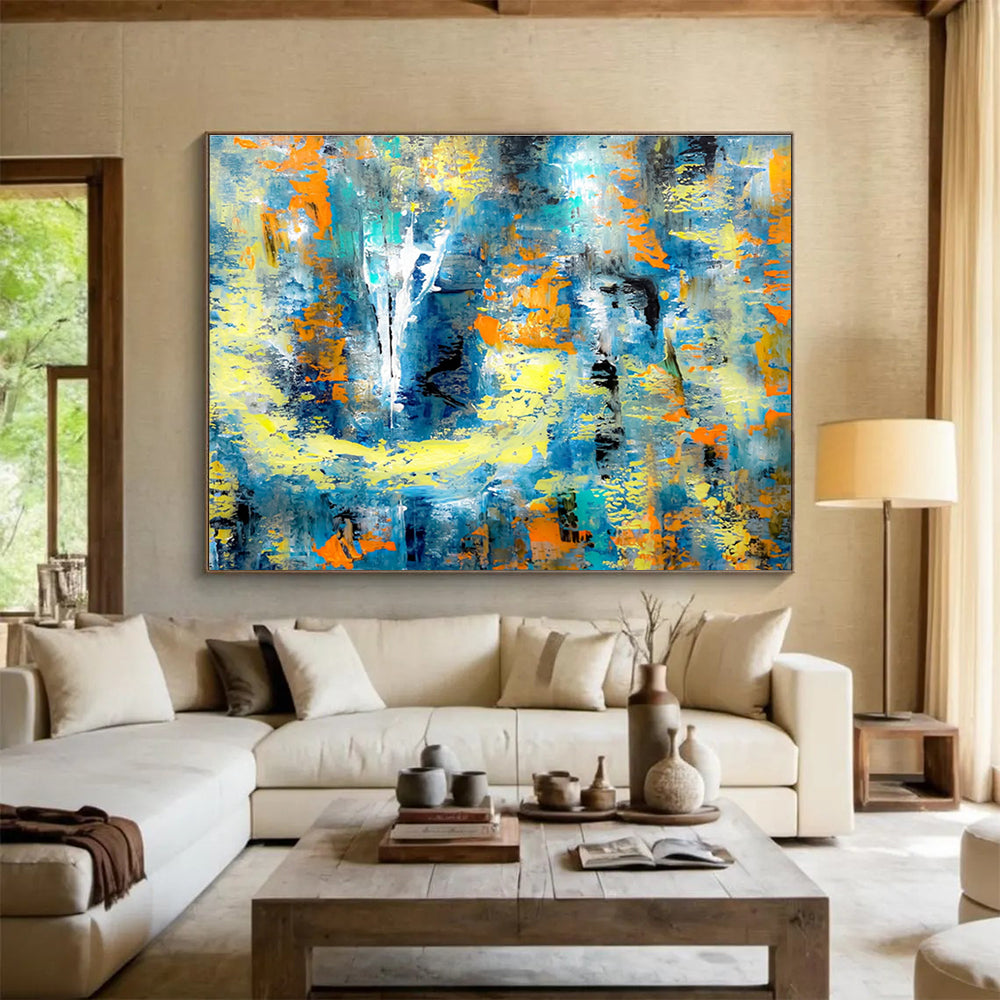 “Azure & Amber Abstract Odyssey” - Blue, Yellow & Orange Abstract Expressionist Painting On Canvas DKH924