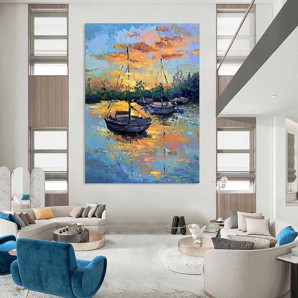 “Harbor at Sunset: Boats in Fiery Skies” - Impressionist Maritime Oil on Canvas CT1882