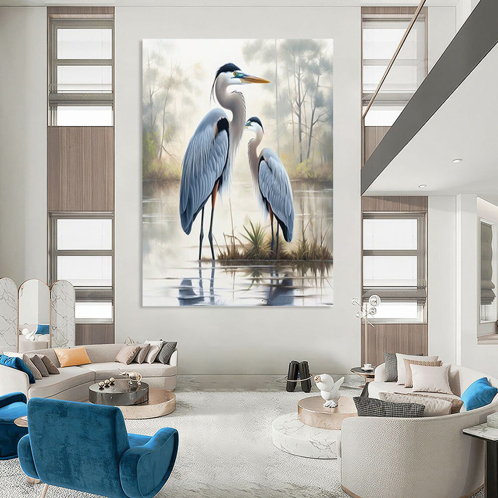 Blue Herons in Misty Marsh - Realistic Wildlife Painting On Canvas DKH1400