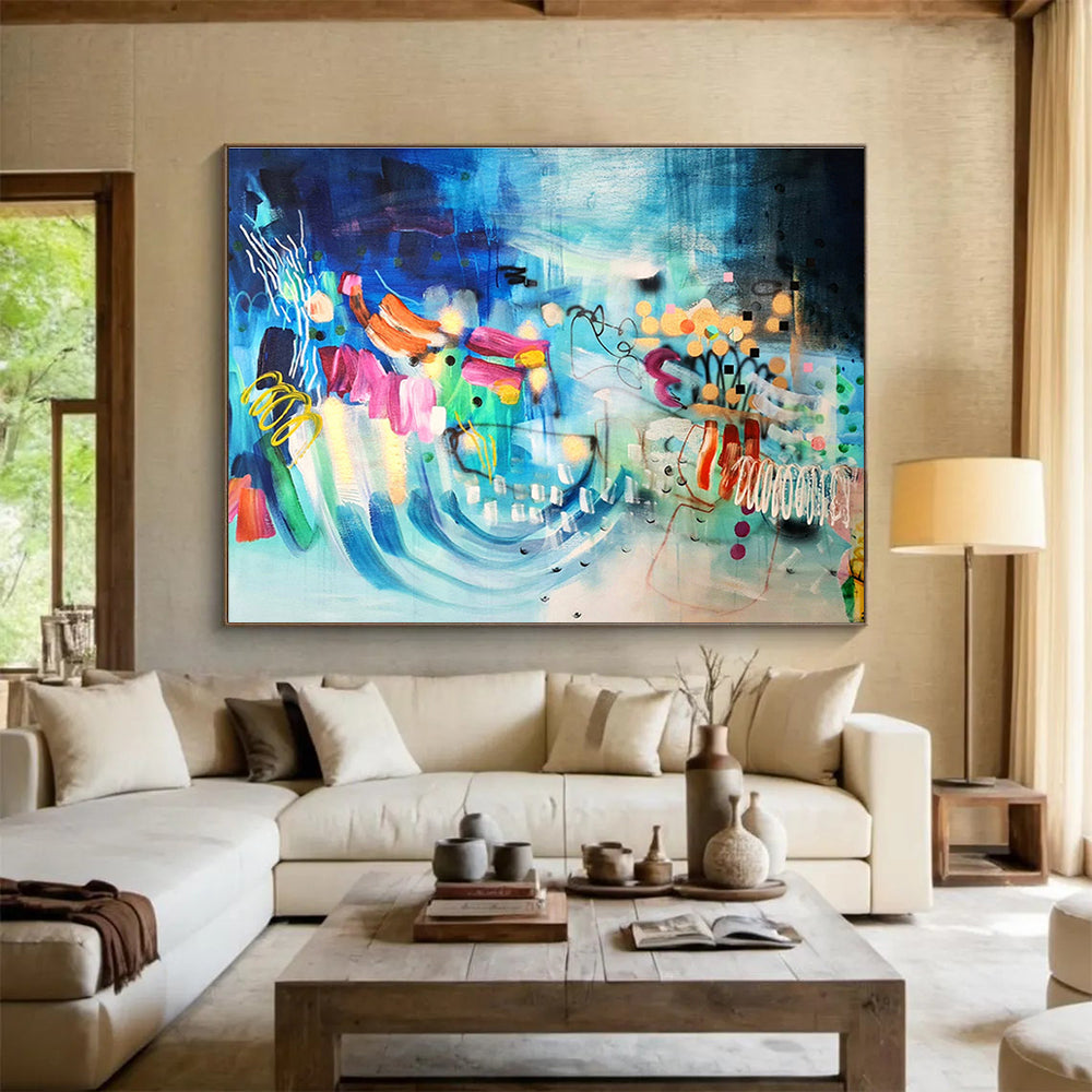 Blue Abstract with Colorful Forms - Eclectic Shapes and Lively Marks Painting On Canvas DKH064