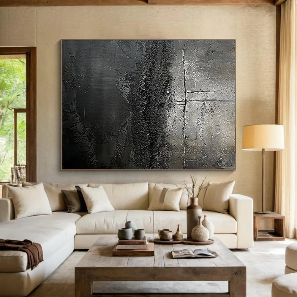Dark Gray Textured Abstract “Moody Textured Depths” Painting On Canvas DKH150
