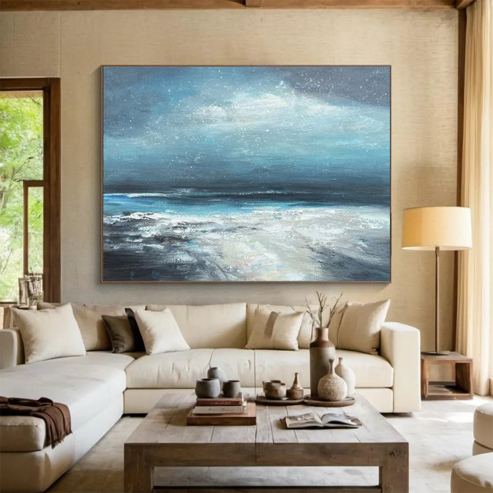 Deep Blue and Gray Starry Seaside “Nocturnal Coastal Serenity” Painting On Canvas DKH111