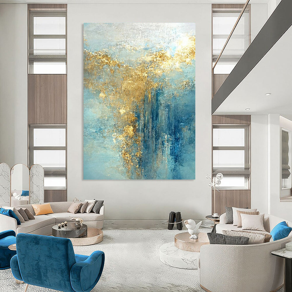 “Azure - Gold Abstract Cascade” - Abstract Expressionist Painting On Canvas DTP063