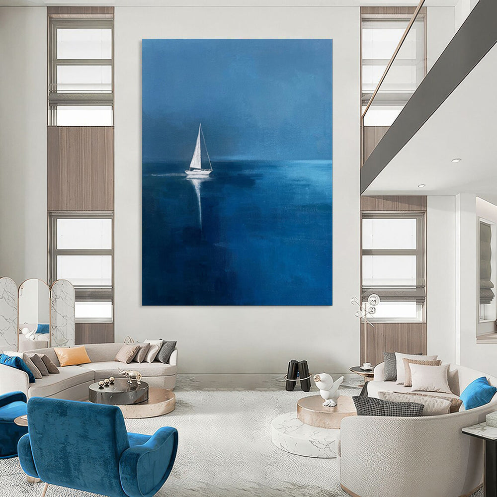 “Midnight Sail: Solitary Boat on Blue” - Minimalist Nautical Oil on Canvas CT1877