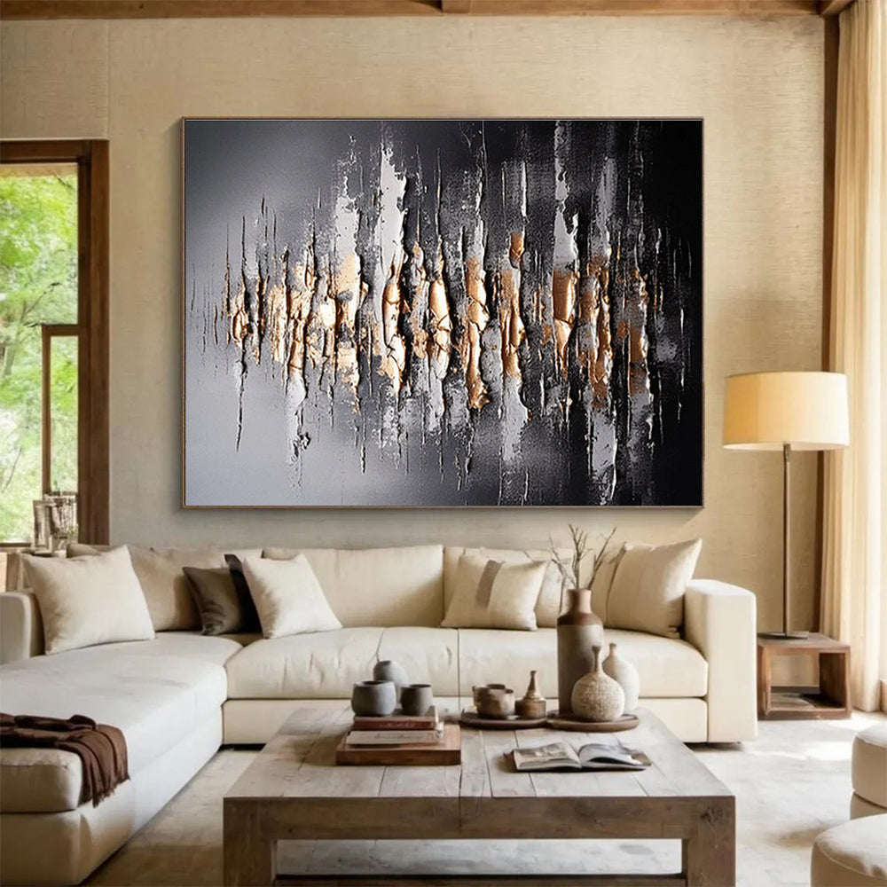 Textured Black and Gold Abstract - Vertical Strokes and Metallic Accents Painting On Canvas DKH041