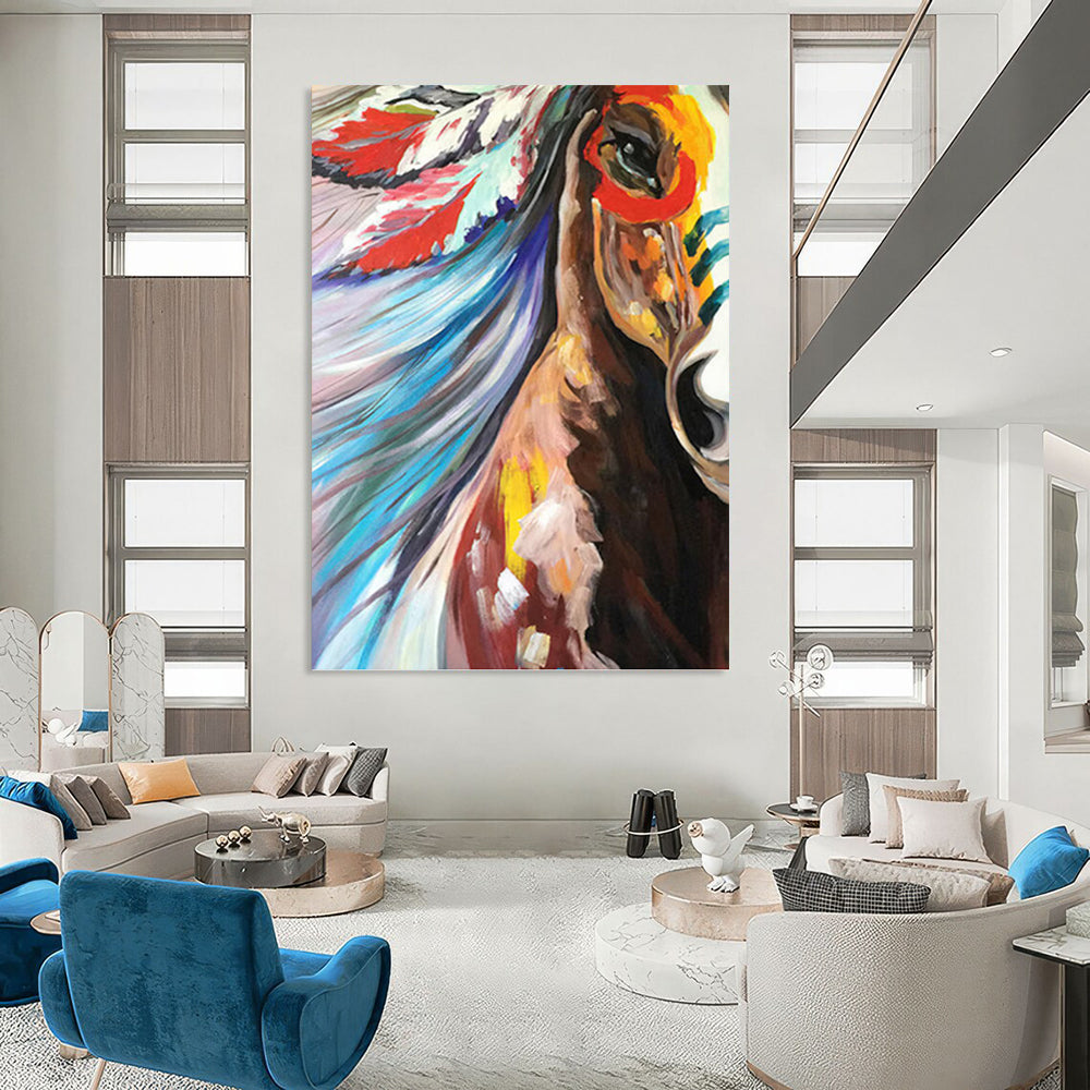Colorful Horse with Feathered Headdress - Equine Painting On Canvas DKH1426