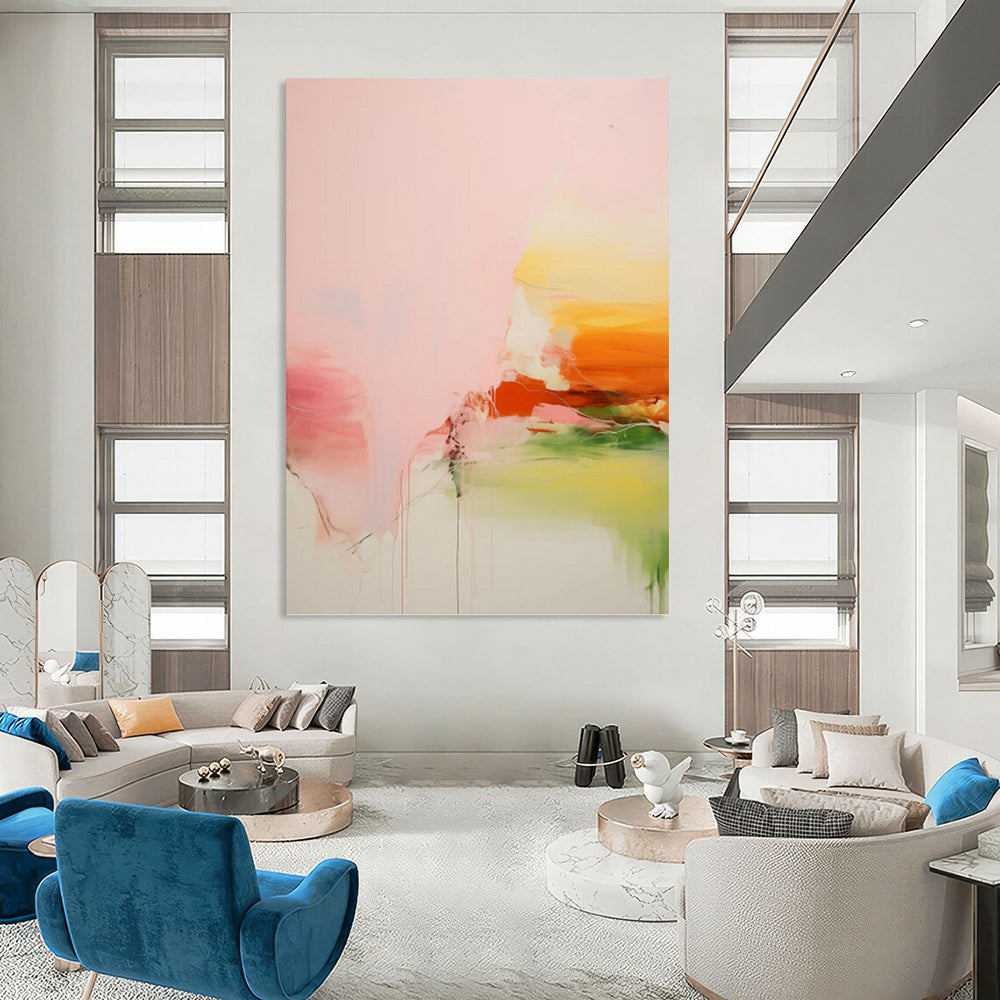 “Pink, Orange & Green Fluid Abstract Drip” Painting On Canvas DKH0991