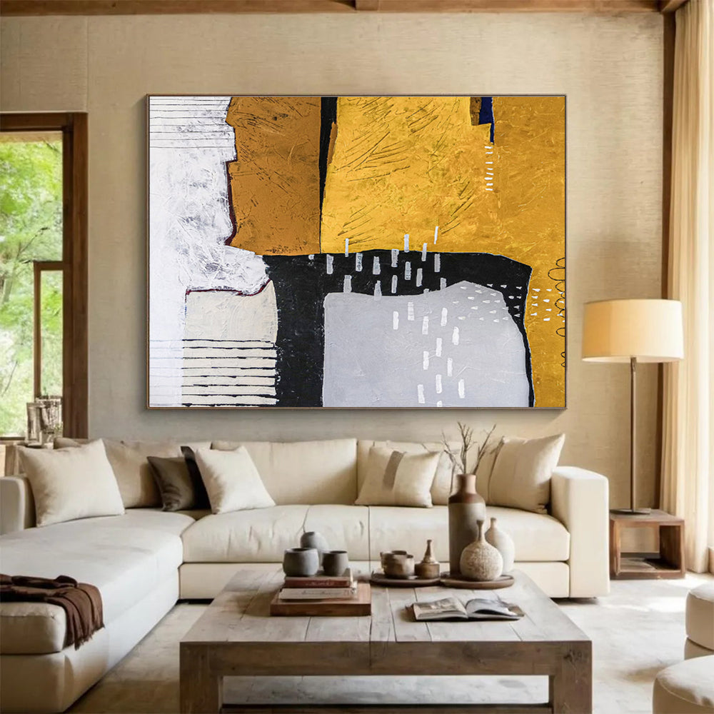 Earthy Geometric Collage in Mustard, Black, and Cream, Abstract Mixed - Media Painting On Canvas DKH574