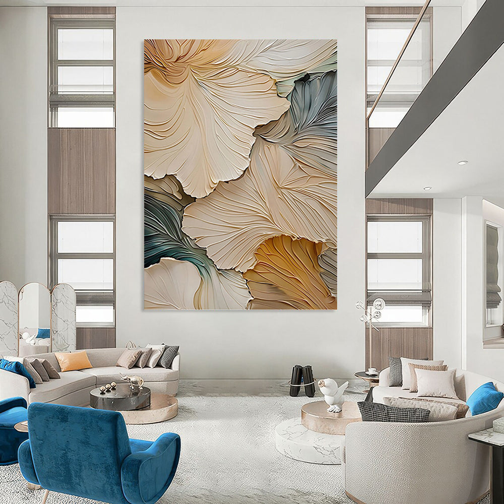3D Floral Petals in Beige and Blue - Textured Floral Painting On Canvas DKH1385
