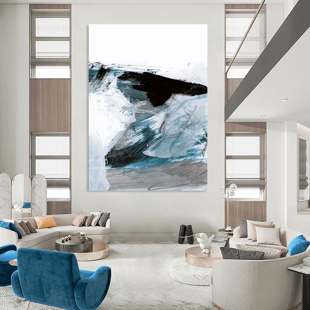 “Dynamic Blue Abstract Waves” - Blue, White, Black Abstract Painting On Canvas DTP220