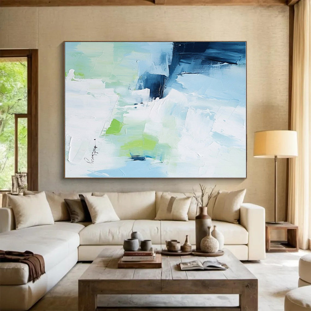 Blue, Green & White Abstract Strokes, “Fresh Breeze” - Impasto Abstract Painting CT0769