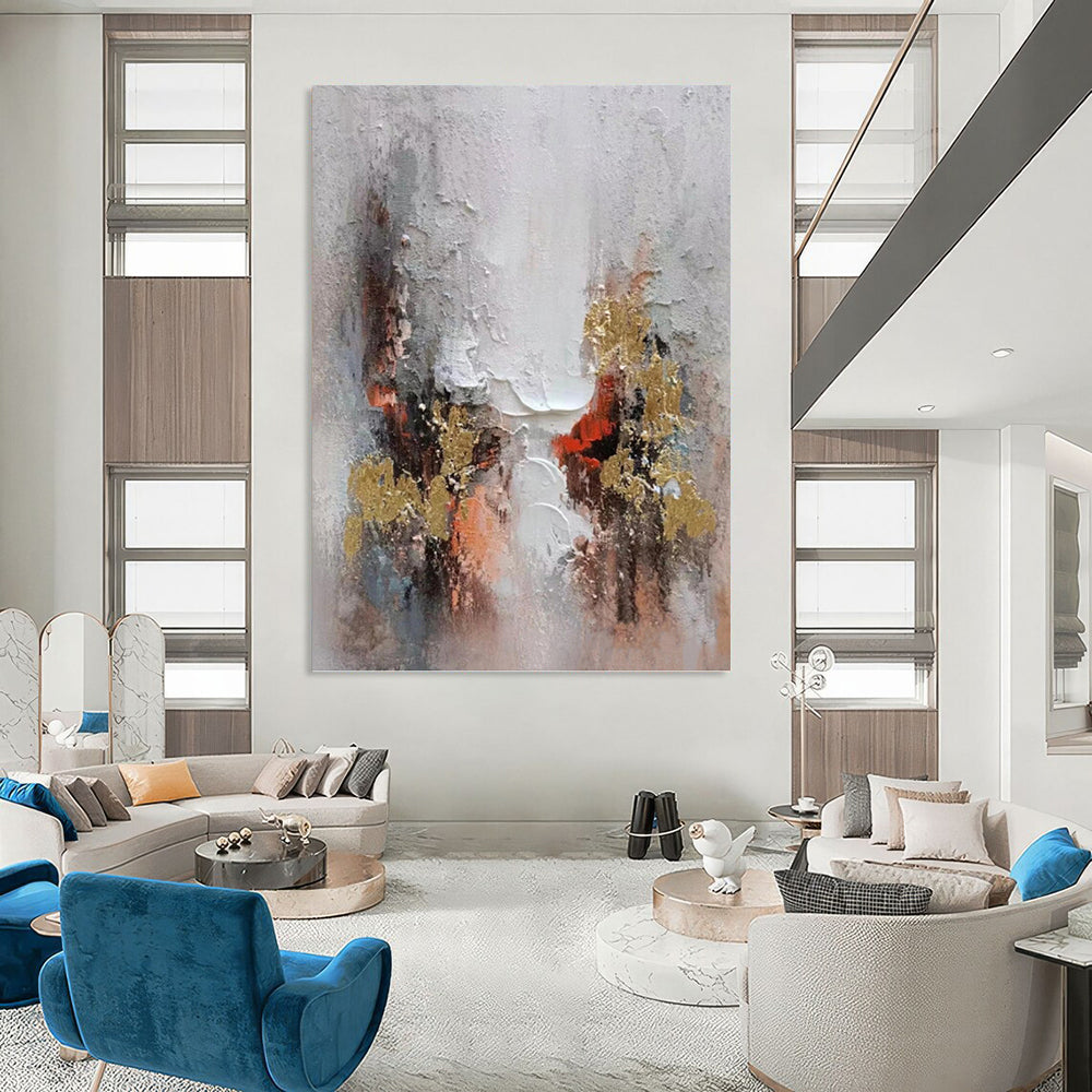 “Gilded Impasto” - Gray, Gold & Red Textured Abstract Painting On Canvas DKH1168