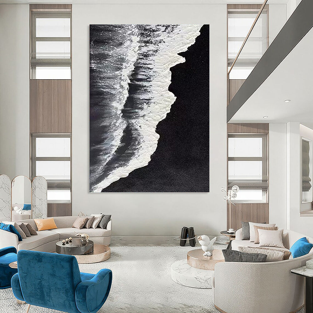 “Black - White Wave Detail” - Black & White Textured Seascape Painting On Canvas DKH0962