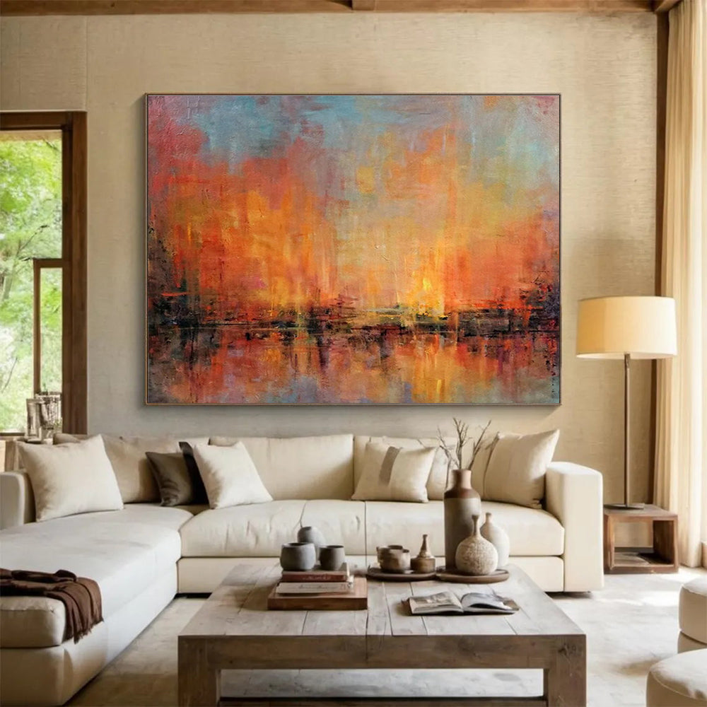 “Orange & Blue Abstract Sunset” Abstract Impressionist Painting On Canvas DKH386