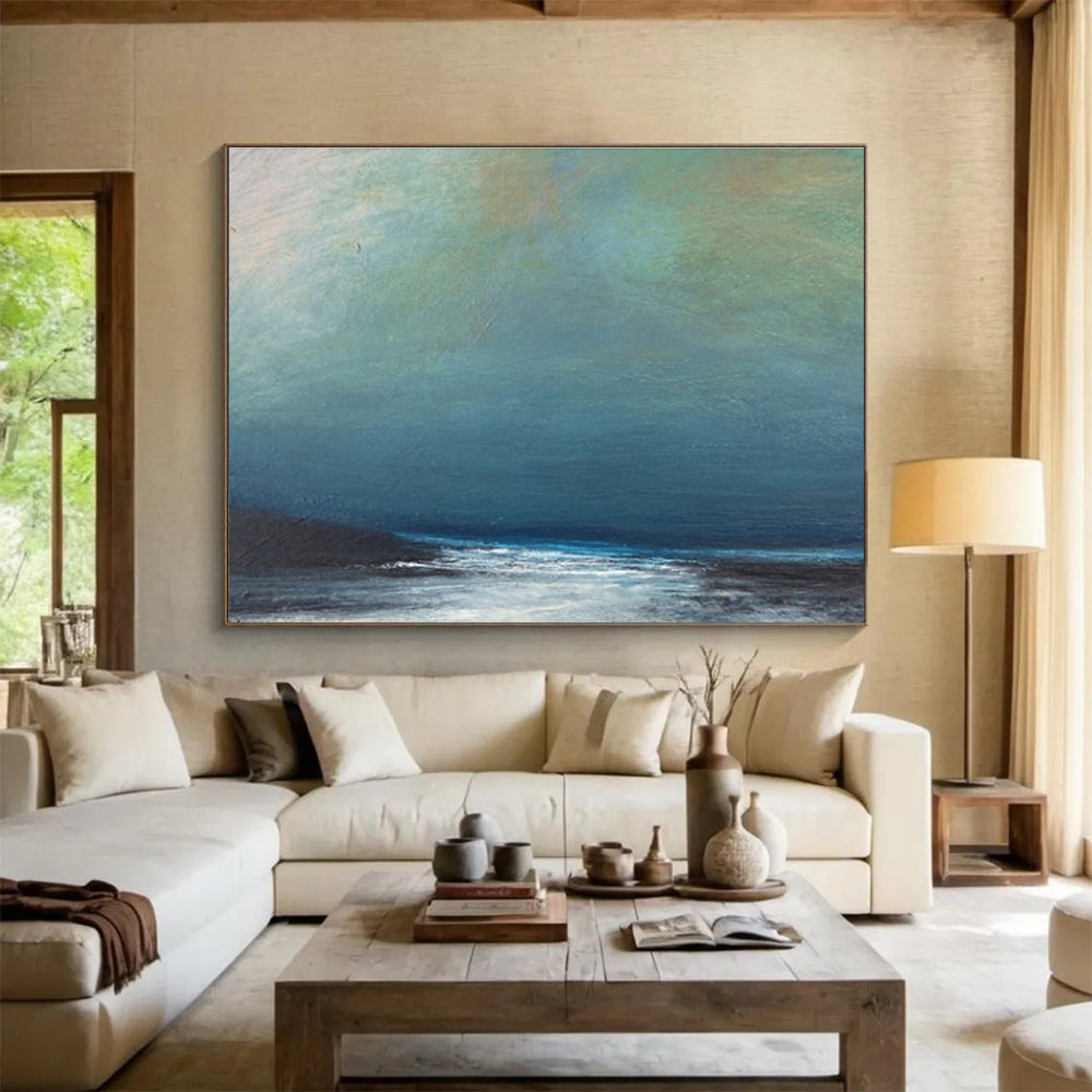 Muted Blue and Gray Seaside “Hazy Coastal Calm” Painting On Canvas DKH107