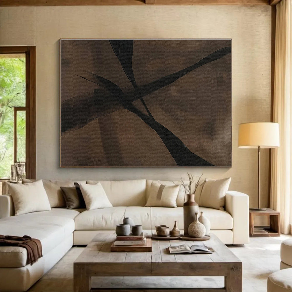 Dark Leaf Silhouettes in Brown and Black, Abstract Nature - Inspired Painting On Canvas DKH585