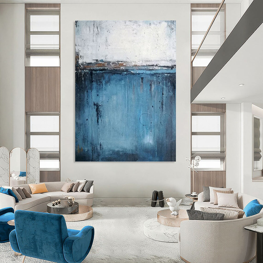 “Minimalist Drips” - Blue and White Abstract with Dripping Effects Painting On Canvas DKH1558