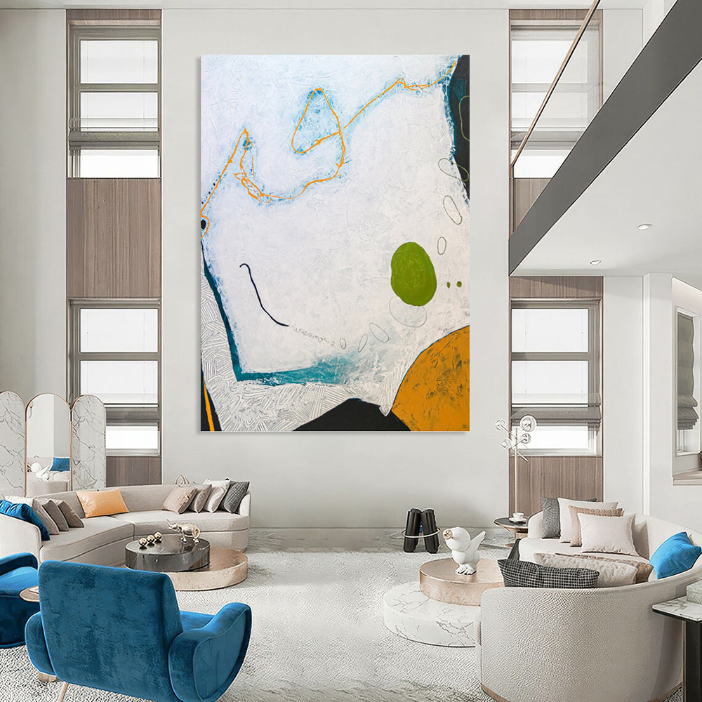 “Textured Abstract with White, Blue, Orange, and Green” - Playful Mixed - Media Painting On Canvas DKH1107