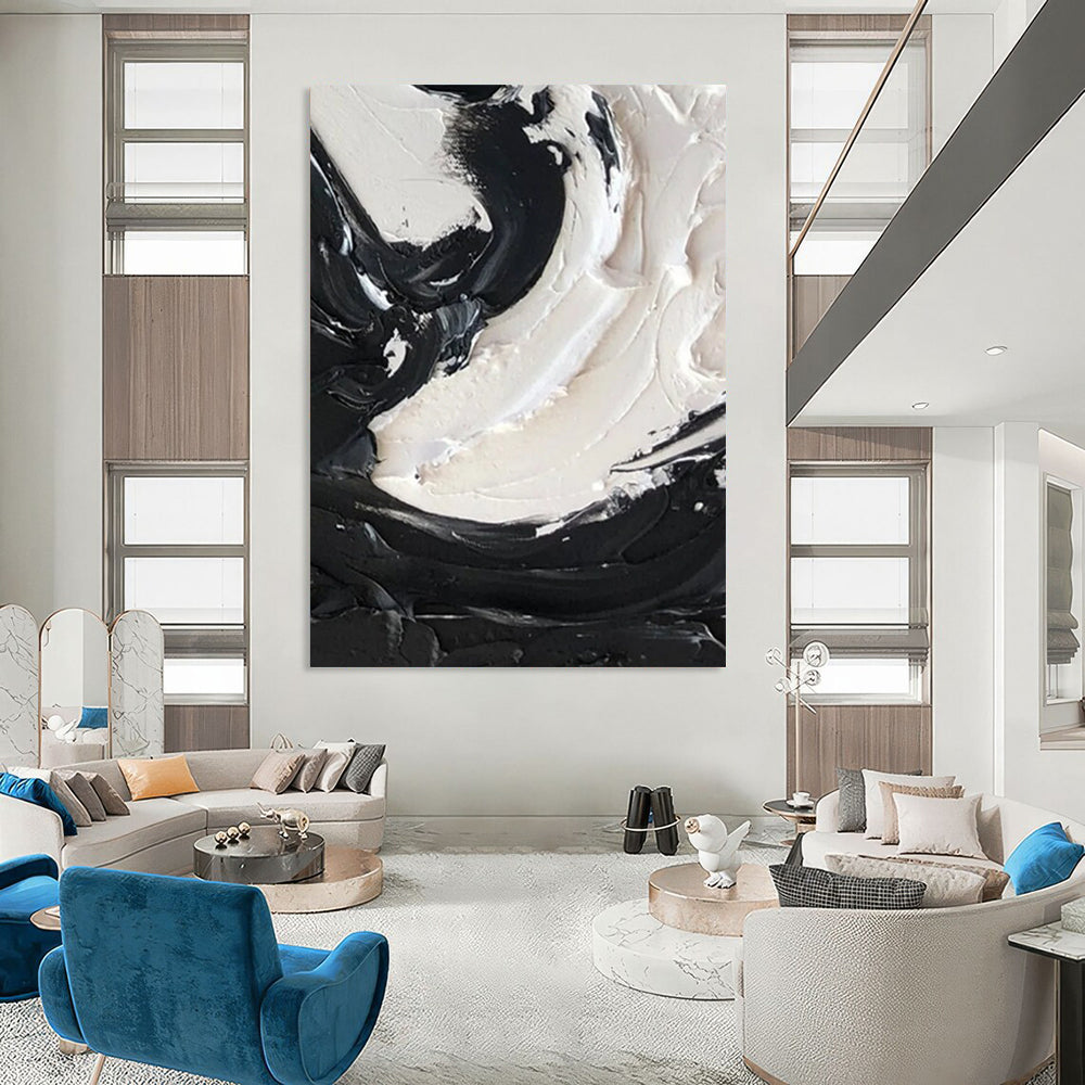 “Black, White Swirl ‘Powerful Balance’” - Impasto Abstract Painting On Canvas DTP385