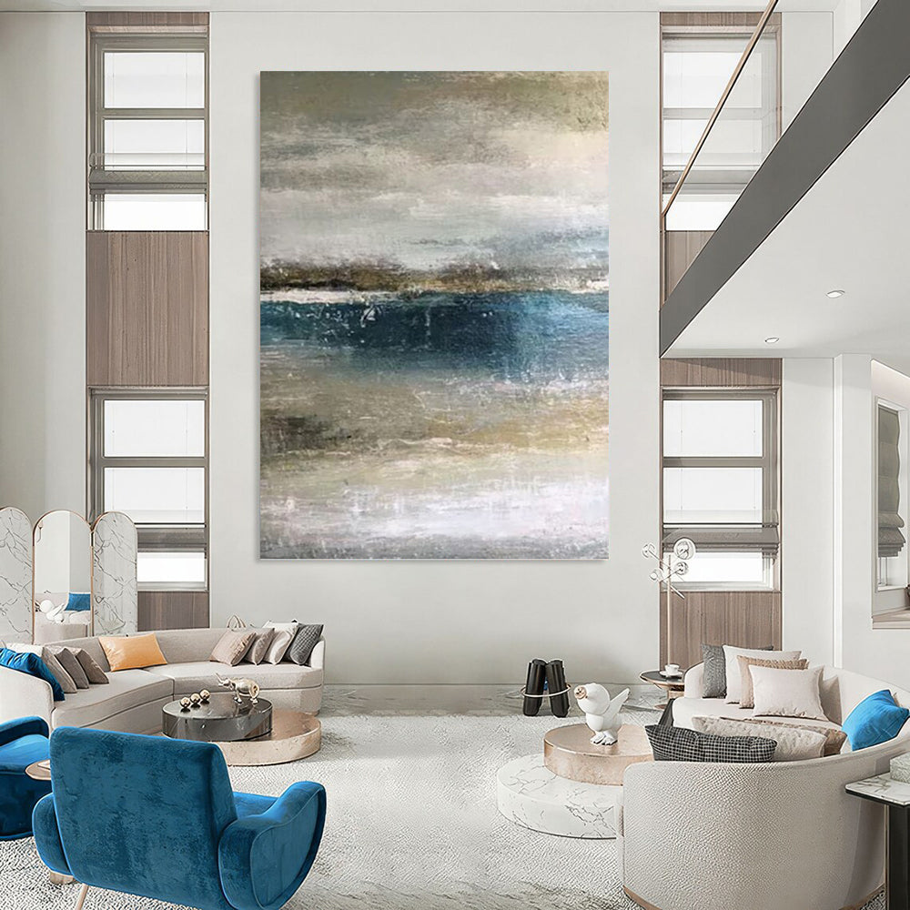 “Muted Coastal Layers” - Blue, Gray & Beige Abstract Seascape Painting On Canvas DKH0945