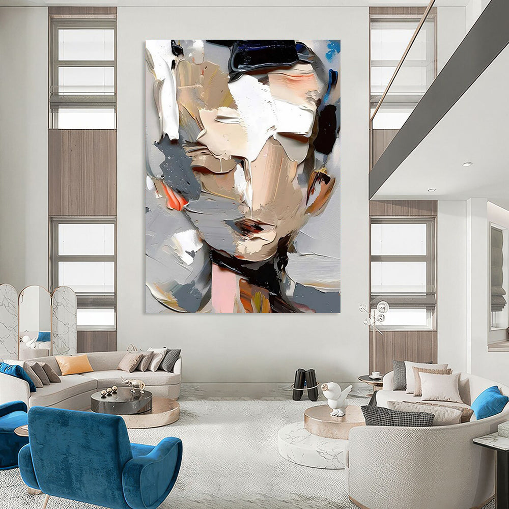 “Gray, White, Colorful Abstract Portrait ‘Fragmented Identity’” - Textured Figurative Painting On Canvas DTP320