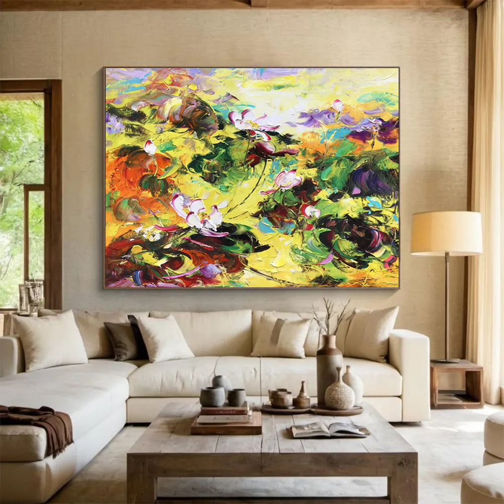 Vibrant Lotus Pond - Expressionistic Floral Painting On Canvas DKH635