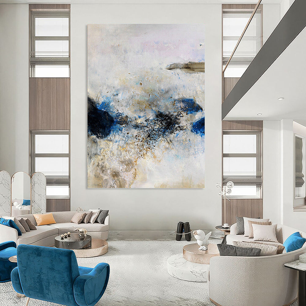 “Soft Storm” - Blue, Gray & Gold Abstract Impasto Painting On Canvas DKH1521