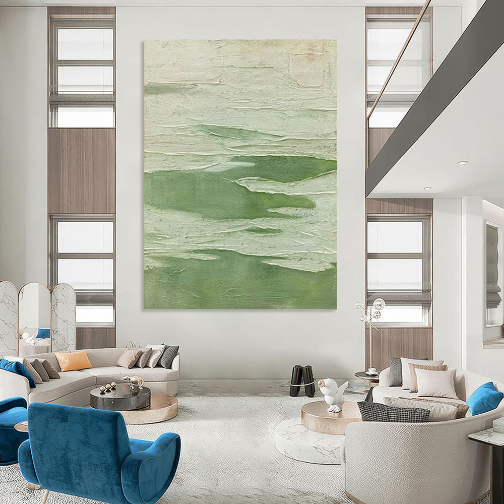 “Textured Green & White Layers” - Green & White Textured Abstract Painting On Canvas DKH1217