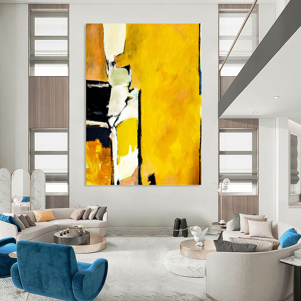 “Yellow - Focused Abstract with Black and White Contrasts” - Bold Abstract Painting On Canvas DKH1101