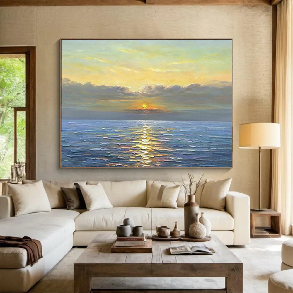 Sunset Over Ocean - Warm Yellow, Orange & Blue Seascape Painting On Canvas DKH883