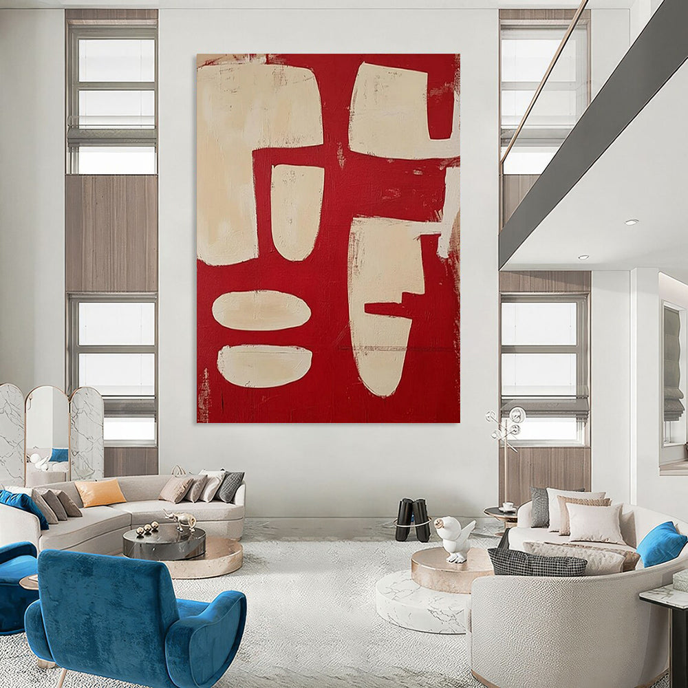 “Red & Beige Geometric Abstract” - Abstract Painting CT2367
