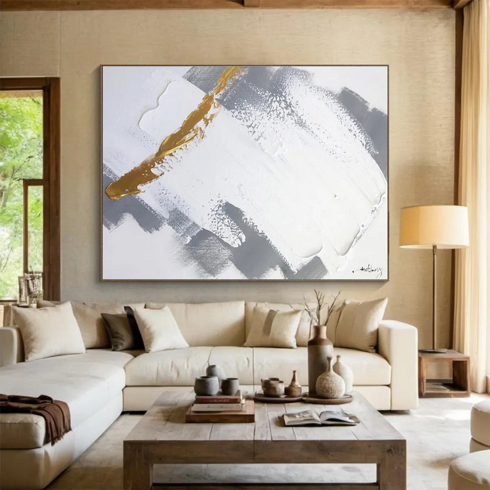 Gold Accent Gray and White Abstract Painting On Canvas DKH317