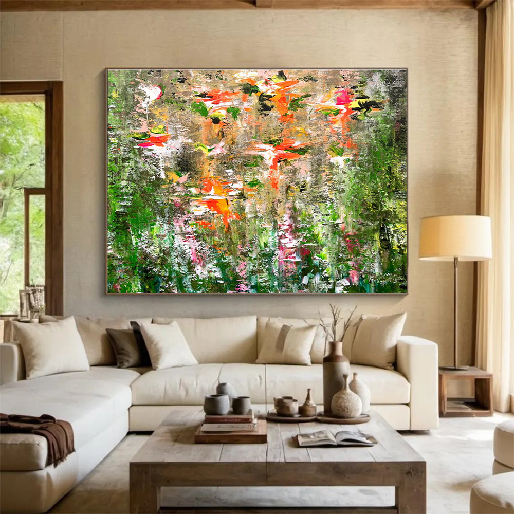 “Blossom Burst in Earthy Hues” - Green, Orange & Pink Floral Abstract Painting On Canvas DKH922