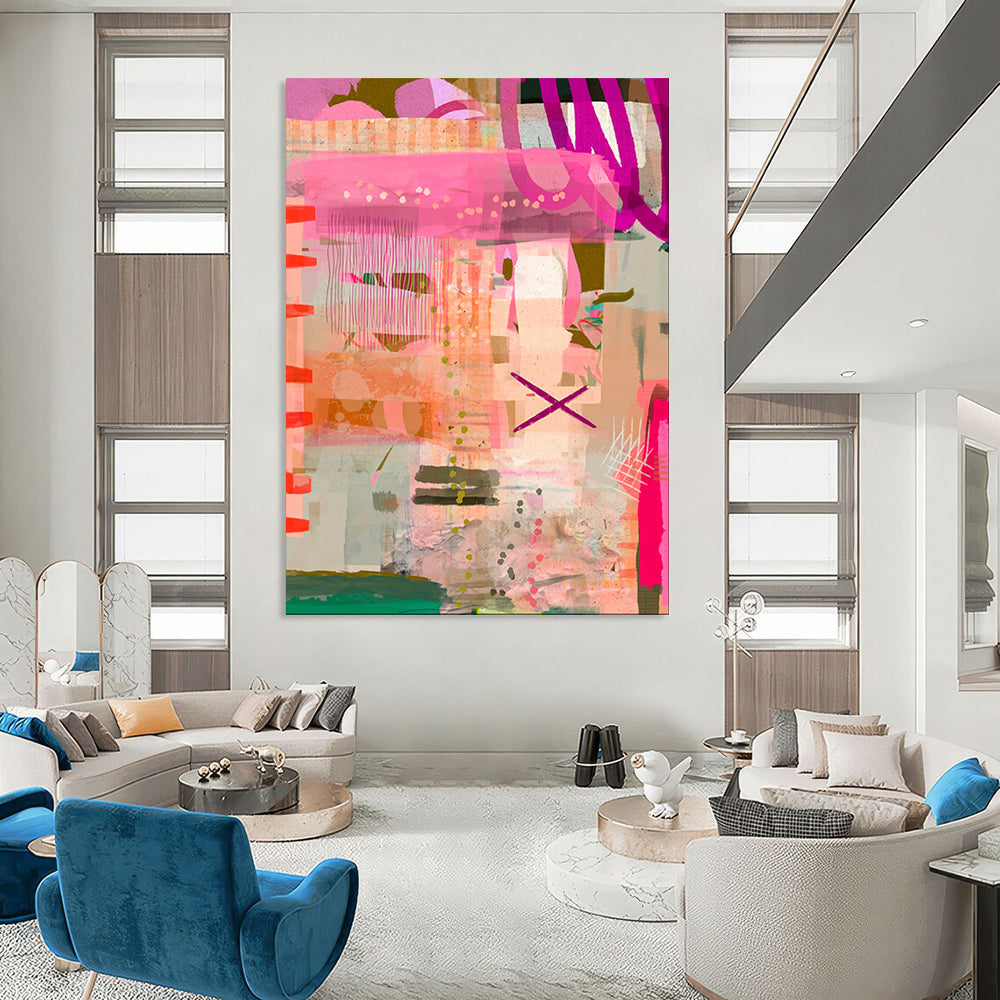 Pink, Orange, Playful Patterns - "Pink Pop Fiesta" - Abstract Mixed - media Art CT1816