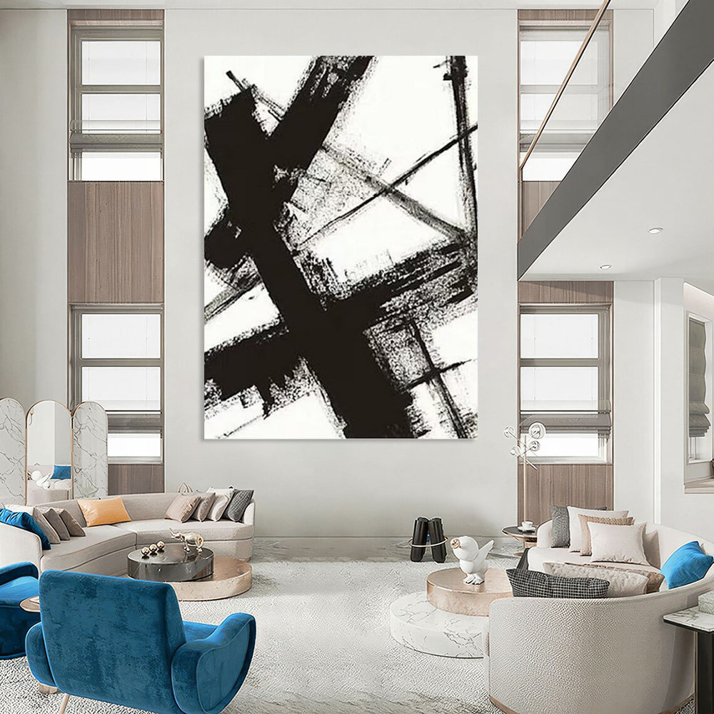 “Black & White Abstract Strokes” - Black & White Bold Minimalist Painting On Canvas DKH1028