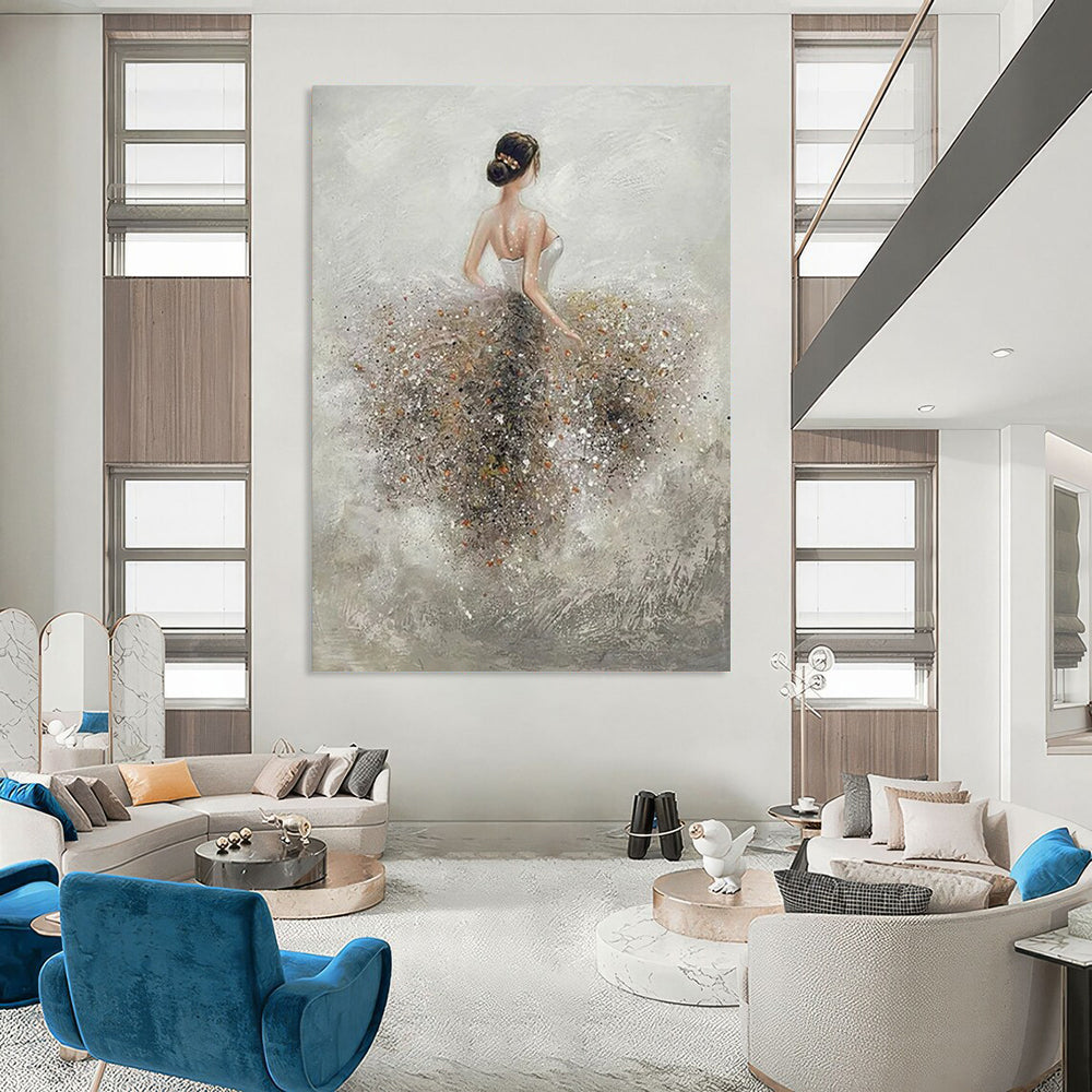 “Ballerina in Sparkling Skirt” - Gray & White Figurative Painting On Canvas CT2208