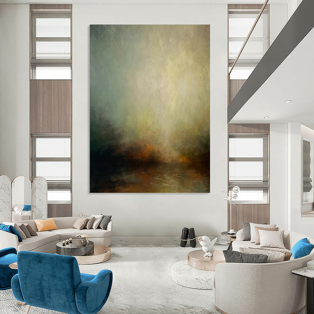“Ethereal Glow” - Green, Yellow, Gray & Brown Abstract Landscape Painting On Canvas DKH1535