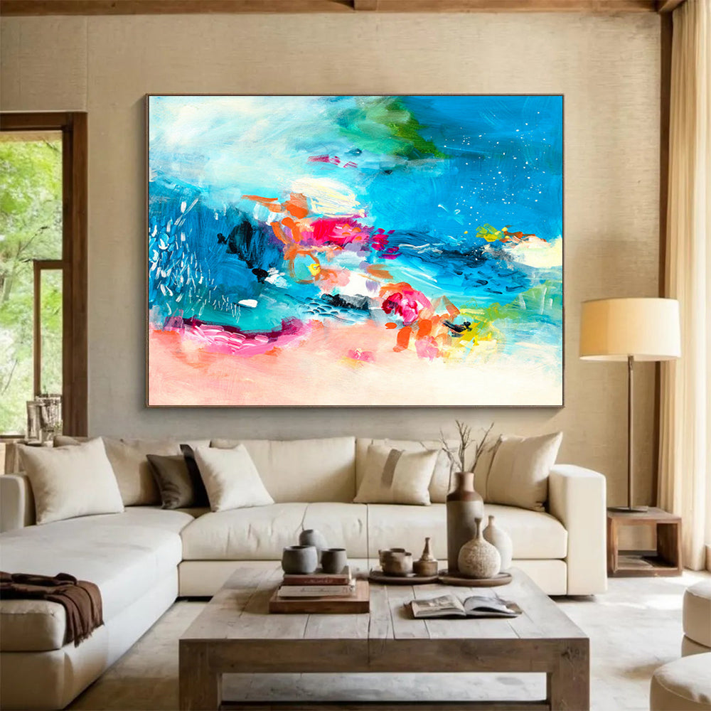 Colorful Abstract Ocean - Blues, Pinks, and Vivid Shapes Painting On Canvas DKH031