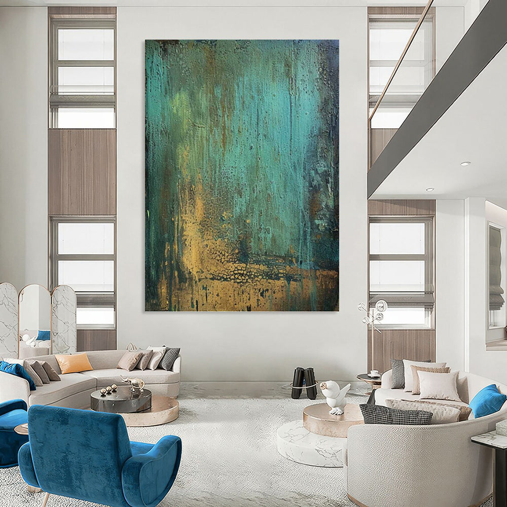 “Teal & Gold Rustic Textures” - Teal, Green, Brown & Gold Abstract Textured Painting On Canvas DKH1194